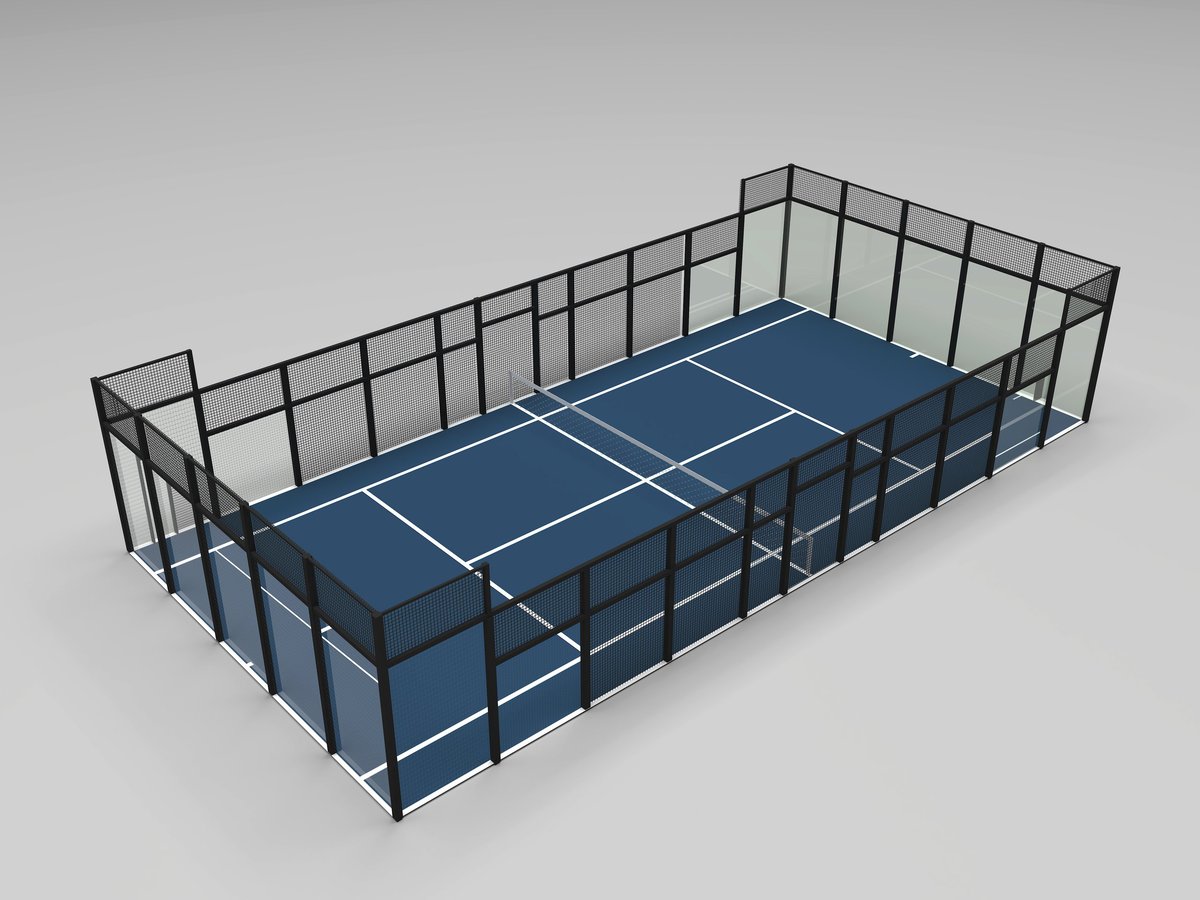 Modern padel court with glass walls and enclosure
